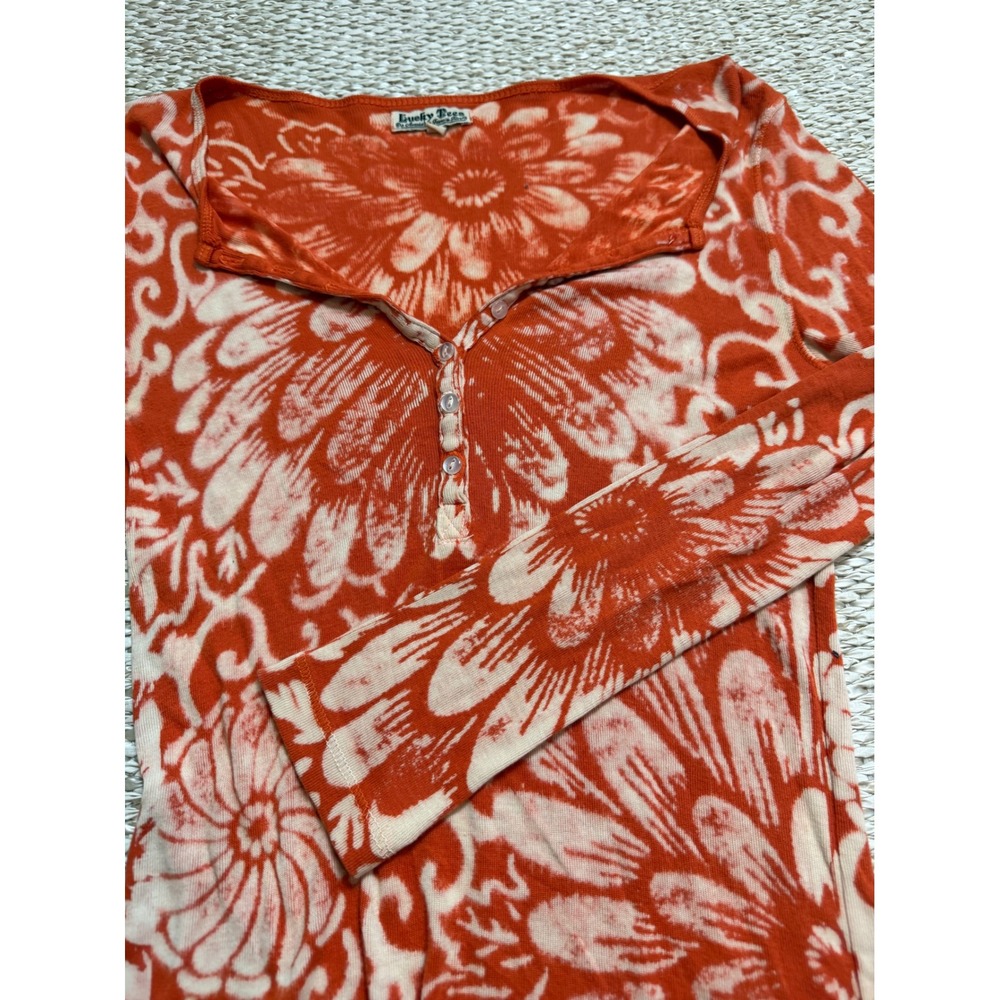 Lucky Brand Lucky Tees Orange Floral Ribbed Henley Long Sleeve Top y2k vinatge M - Picture 6 of 6